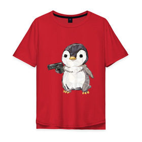 Мужская футболка хлопок Oversize с принтом Пингвин с пистолетом в Кировске, 100% хлопок | свободный крой, круглый ворот, “спинка” длиннее передней части | 