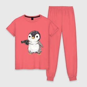 Женская пижама хлопок с принтом Пингвин с пистолетом в Кировске, 100% хлопок | брюки и футболка прямого кроя, без карманов, на брюках мягкая резинка на поясе и по низу штанин | 