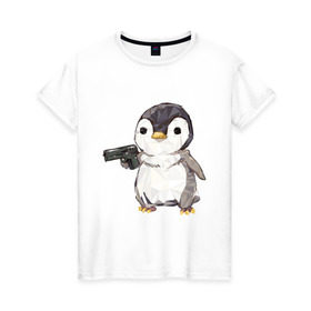 Женская футболка хлопок с принтом Пингвин с пистолетом в Кировске, 100% хлопок | прямой крой, круглый вырез горловины, длина до линии бедер, слегка спущенное плечо | 