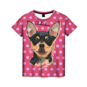 Женская футболка 3D с принтом Чихуахуа в Кировске, 100% полиэфир ( синтетическое хлопкоподобное полотно) | прямой крой, круглый вырез горловины, длина до линии бедер | chihuahua | dog | арт | горошек | животное | кружочек | розовый | собака | текстура | чихуахуа