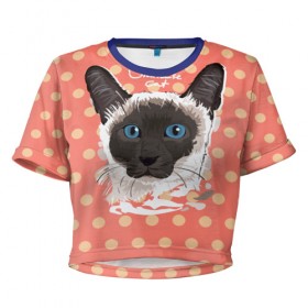 Женская футболка 3D укороченная с принтом Сиамская кошка в Кировске, 100% полиэстер | круглая горловина, длина футболки до линии талии, рукава с отворотами | 