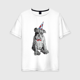 Женская футболка хлопок Oversize с принтом праздничный бульдог в Кировске, 100% хлопок | свободный крой, круглый ворот, спущенный рукав, длина до линии бедер
 | dog | happy | бабочка | бульдог | день рождение | дог | собака