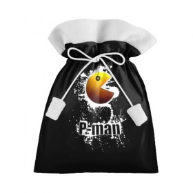 Подарочный 3D мешок с принтом P-man в Кировске, 100% полиэстер | Размер: 29*39 см | брызги | видеоигра | глаз | голова | желтый | игра | игровой автомат | капли | надпись | пакман | пожиратель | приставка | рот | старая