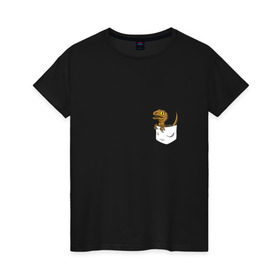 Женская футболка хлопок с принтом Дракончик в кармашке в Кировске, 100% хлопок | прямой крой, круглый вырез горловины, длина до линии бедер, слегка спущенное плечо | дино | динозавр | карман | ящерица | ящерка