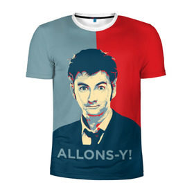Мужская футболка 3D спортивная с принтом ALLONS-Y! в Кировске, 100% полиэстер с улучшенными характеристиками | приталенный силуэт, круглая горловина, широкие плечи, сужается к линии бедра | арт | десятый доктор | доктор кто | надпись | сериал | тардис | фильмы