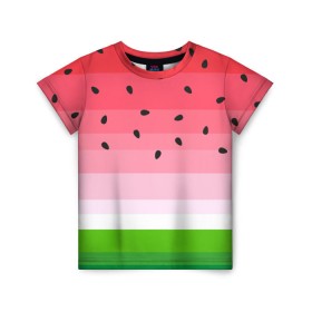 Детская футболка 3D с принтом Арбузик в Кировске, 100% гипоаллергенный полиэфир | прямой крой, круглый вырез горловины, длина до линии бедер, чуть спущенное плечо, ткань немного тянется | pattern | trend | арбуз | зеленый | косточки | красный | мода | патерн | паттерн | розовый | текстура | тренд | фрукт | ягода