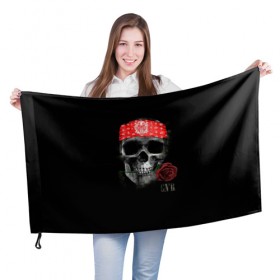 Флаг 3D с принтом Череп с розой в Кировске, 100% полиэстер | плотность ткани — 95 г/м2, размер — 67 х 109 см. Принт наносится с одной стороны | пираты | повязка | роза | романтика | скелет | череп