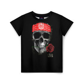 Детская футболка 3D с принтом Череп с розой в Кировске, 100% гипоаллергенный полиэфир | прямой крой, круглый вырез горловины, длина до линии бедер, чуть спущенное плечо, ткань немного тянется | пираты | повязка | роза | романтика | скелет | череп