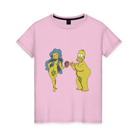 Женская футболка хлопок с принтом Симпсоны в Кировске, 100% хлопок | прямой крой, круглый вырез горловины, длина до линии бедер, слегка спущенное плечо | bart | homer | love | simpsons | адам | барт | гомер | ева | любовь | мульт | мультфильм | пончик | симпсоны