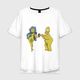 Мужская футболка хлопок Oversize с принтом Симпсоны в Кировске, 100% хлопок | свободный крой, круглый ворот, “спинка” длиннее передней части | bart | homer | love | simpsons | адам | барт | гомер | ева | любовь | мульт | мультфильм | пончик | симпсоны