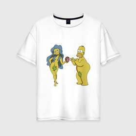 Женская футболка хлопок Oversize с принтом Симпсоны в Кировске, 100% хлопок | свободный крой, круглый ворот, спущенный рукав, длина до линии бедер
 | bart | homer | love | simpsons | адам | барт | гомер | ева | любовь | мульт | мультфильм | пончик | симпсоны