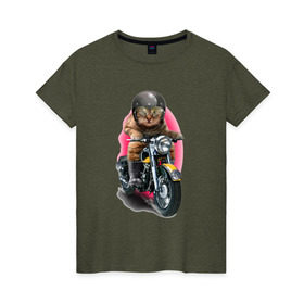 Женская футболка хлопок с принтом Кот мотоциклист в Кировске, 100% хлопок | прямой крой, круглый вырез горловины, длина до линии бедер, слегка спущенное плечо | moto | киса | кот | котэ | мото | мотоцикл | очки | шлем