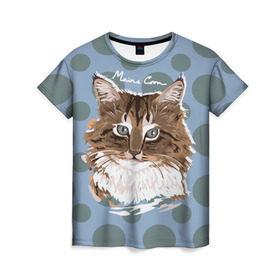 Женская футболка 3D с принтом Мейн-Кун в Кировске, 100% полиэфир ( синтетическое хлопкоподобное полотно) | прямой крой, круглый вырез горловины, длина до линии бедер | cat | kitten | kitty | maine coon | pet | арт | животные | коты | кошки | кружочки | мейн кун | текстура