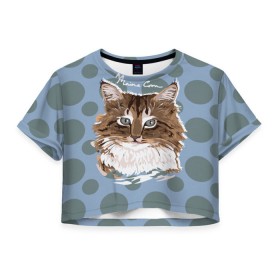 Женская футболка 3D укороченная с принтом Мейн-Кун в Кировске, 100% полиэстер | круглая горловина, длина футболки до линии талии, рукава с отворотами | cat | kitten | kitty | maine coon | pet | арт | животные | коты | кошки | кружочки | мейн кун | текстура