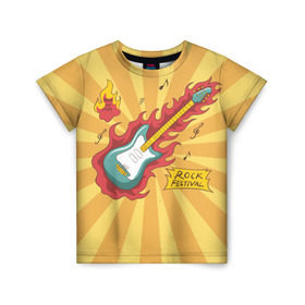 Детская футболка 3D с принтом Rock Festival в Кировске, 100% гипоаллергенный полиэфир | прямой крой, круглый вырез горловины, длина до линии бедер, чуть спущенное плечо, ткань немного тянется | festival | rock | гитара | металл | музыка | ноты | огонь | рок | солнце | треш | хард