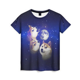 Женская футболка 3D с принтом Космопес Хатико в Кировске, 100% полиэфир ( синтетическое хлопкоподобное полотно) | прямой крой, круглый вырез горловины, длина до линии бедер | акита ину | взгляд | голова | звезды | космос | лай | луна | мем | пасть | пес | собака | хатико
