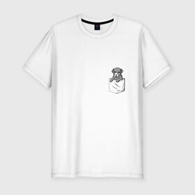 Мужская футболка премиум с принтом Карман в Кировске, 92% хлопок, 8% лайкра | приталенный силуэт, круглый вырез ворота, длина до линии бедра, короткий рукав | Тематика изображения на принте: дог | карман | собака | щенок