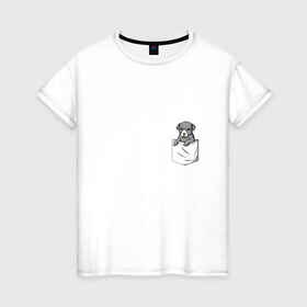 Женская футболка хлопок с принтом Карман в Кировске, 100% хлопок | прямой крой, круглый вырез горловины, длина до линии бедер, слегка спущенное плечо | Тематика изображения на принте: дог | карман | собака | щенок