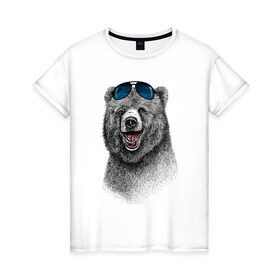 Женская футболка хлопок с принтом Медведь в очках в Кировске, 100% хлопок | прямой крой, круглый вырез горловины, длина до линии бедер, слегка спущенное плечо | медведь | мишка | очки | солнечные