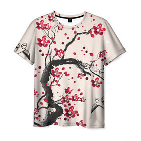 Мужская футболка 3D с принтом Сакура в Кировске, 100% полиэфир | прямой крой, круглый вырез горловины, длина до линии бедер | вишня | дерево | зима | красный | новинки | птицы | черный | япония