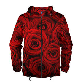 Мужская ветровка 3D с принтом Красные розы в Кировске, 100% полиэстер | подол и капюшон оформлены резинкой с фиксаторами, два кармана без застежек по бокам, один потайной карман на груди | букет | красный | розы | цветы