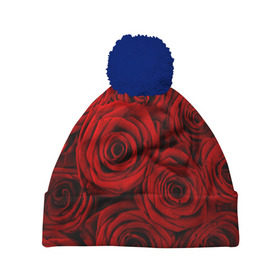 Шапка 3D c помпоном с принтом Красные розы в Кировске, 100% полиэстер | универсальный размер, печать по всей поверхности изделия | Тематика изображения на принте: букет | красный | розы | цветы