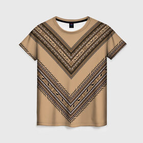 Женская футболка 3D с принтом Tribal V-shape в Кировске, 100% полиэфир ( синтетическое хлопкоподобное полотно) | прямой крой, круглый вырез горловины, длина до линии бедер | african | ethnic | tribal | африка | африканский | бежевый | трайбал | узор | черный | этно