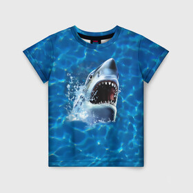 Детская футболка 3D с принтом Пасть акулы в Кировске, 100% гипоаллергенный полиэфир | прямой крой, круглый вырез горловины, длина до линии бедер, чуть спущенное плечо, ткань немного тянется | Тематика изображения на принте: акула | атака | белая | брызги | вода | волны | зубы | капли | море | океан | опасность | синяя | челюсти | эффект