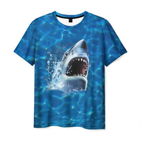 Мужская футболка 3D с принтом Пасть акулы в Кировске, 100% полиэфир | прямой крой, круглый вырез горловины, длина до линии бедер | Тематика изображения на принте: акула | атака | белая | брызги | вода | волны | зубы | капли | море | океан | опасность | синяя | челюсти | эффект