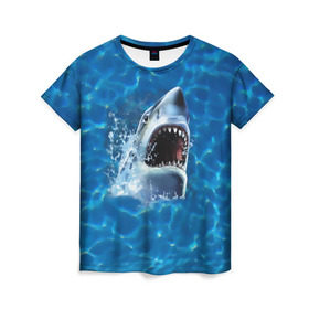 Женская футболка 3D с принтом Пасть акулы в Кировске, 100% полиэфир ( синтетическое хлопкоподобное полотно) | прямой крой, круглый вырез горловины, длина до линии бедер | акула | атака | белая | брызги | вода | волны | зубы | капли | море | океан | опасность | синяя | челюсти | эффект