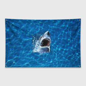 Флаг-баннер с принтом Пасть акулы в Кировске, 100% полиэстер | размер 67 х 109 см, плотность ткани — 95 г/м2; по краям флага есть четыре люверса для крепления | акула | атака | белая | брызги | вода | волны | зубы | капли | море | океан | опасность | синяя | челюсти | эффект