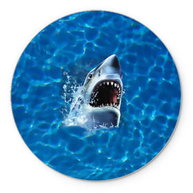 Коврик круглый с принтом Пасть акулы в Кировске, резина и полиэстер | круглая форма, изображение наносится на всю лицевую часть | акула | атака | белая | брызги | вода | волны | зубы | капли | море | океан | опасность | синяя | челюсти | эффект