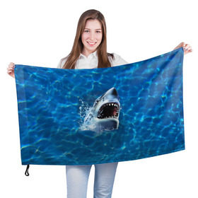 Флаг 3D с принтом Пасть акулы в Кировске, 100% полиэстер | плотность ткани — 95 г/м2, размер — 67 х 109 см. Принт наносится с одной стороны | акула | атака | белая | брызги | вода | волны | зубы | капли | море | океан | опасность | синяя | челюсти | эффект