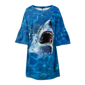 Детское платье 3D с принтом Пасть акулы в Кировске, 100% полиэстер | прямой силуэт, чуть расширенный к низу. Круглая горловина, на рукавах — воланы | акула | атака | белая | брызги | вода | волны | зубы | капли | море | океан | опасность | синяя | челюсти | эффект