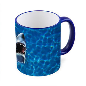 Кружка 3D с принтом Пасть акулы в Кировске, керамика | ёмкость 330 мл | Тематика изображения на принте: акула | атака | белая | брызги | вода | волны | зубы | капли | море | океан | опасность | синяя | челюсти | эффект