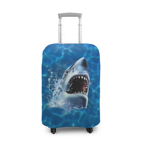 Чехол для чемодана 3D с принтом Пасть акулы в Кировске, 86% полиэфир, 14% спандекс | двустороннее нанесение принта, прорези для ручек и колес | акула | атака | белая | брызги | вода | волны | зубы | капли | море | океан | опасность | синяя | челюсти | эффект