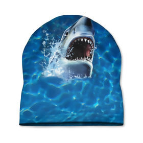 Шапка 3D с принтом Пасть акулы в Кировске, 100% полиэстер | универсальный размер, печать по всей поверхности изделия | акула | атака | белая | брызги | вода | волны | зубы | капли | море | океан | опасность | синяя | челюсти | эффект