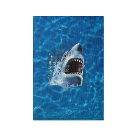 Обложка для паспорта матовая кожа с принтом Пасть акулы в Кировске, натуральная матовая кожа | размер 19,3 х 13,7 см; прозрачные пластиковые крепления | Тематика изображения на принте: акула | атака | белая | брызги | вода | волны | зубы | капли | море | океан | опасность | синяя | челюсти | эффект