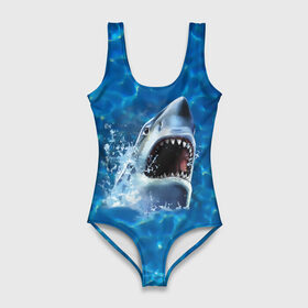 Купальник-боди 3D с принтом Пасть акулы в Кировске, 82% полиэстер, 18% эластан | Круглая горловина, круглый вырез на спине | акула | атака | белая | брызги | вода | волны | зубы | капли | море | океан | опасность | синяя | челюсти | эффект