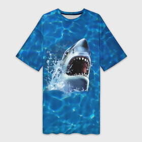 Платье-футболка 3D с принтом Пасть акулы в Кировске,  |  | акула | атака | белая | брызги | вода | волны | зубы | капли | море | океан | опасность | синяя | челюсти | эффект