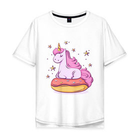 Мужская футболка хлопок Oversize с принтом Единорог в Кировске, 100% хлопок | свободный крой, круглый ворот, “спинка” длиннее передней части | donut | pink | star | unicorn | единорог | звезды | конь | милота | пончик | сказка