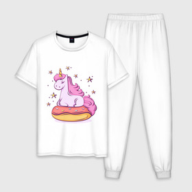 Мужская пижама хлопок с принтом Единорог в Кировске, 100% хлопок | брюки и футболка прямого кроя, без карманов, на брюках мягкая резинка на поясе и по низу штанин
 | Тематика изображения на принте: donut | pink | star | unicorn | единорог | звезды | конь | милота | пончик | сказка