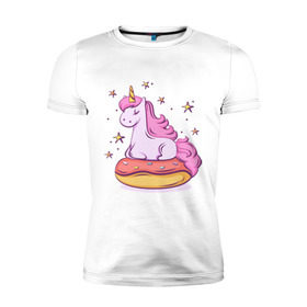 Мужская футболка премиум с принтом Единорог в Кировске, 92% хлопок, 8% лайкра | приталенный силуэт, круглый вырез ворота, длина до линии бедра, короткий рукав | donut | pink | star | unicorn | единорог | звезды | конь | милота | пончик | сказка