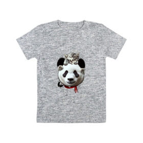 Детская футболка хлопок с принтом Панда и котенок в Кировске, 100% хлопок | круглый вырез горловины, полуприлегающий силуэт, длина до линии бедер | cat | panda | добро | друг | животные | кот | котенок | кошка | лучший | медведь | милый | мишка | нежный | панда