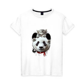 Женская футболка хлопок с принтом Панда и котенок в Кировске, 100% хлопок | прямой крой, круглый вырез горловины, длина до линии бедер, слегка спущенное плечо | cat | panda | добро | друг | животные | кот | котенок | кошка | лучший | медведь | милый | мишка | нежный | панда
