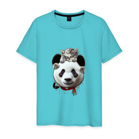 Мужская футболка хлопок с принтом Панда и котенок в Кировске, 100% хлопок | прямой крой, круглый вырез горловины, длина до линии бедер, слегка спущенное плечо. | cat | panda | добро | друг | животные | кот | котенок | кошка | лучший | медведь | милый | мишка | нежный | панда