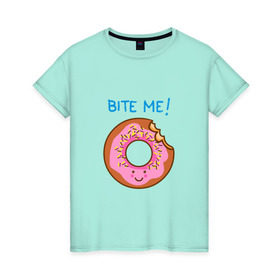 Женская футболка хлопок с принтом Укуси меня в Кировске, 100% хлопок | прямой крой, круглый вырез горловины, длина до линии бедер, слегка спущенное плечо | bart | donut | food | homer | simpsons | аппетит | барт | гомер | еда | мультфильм | пончик | симпсоны | сладкий