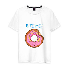 Мужская футболка хлопок с принтом Укуси меня в Кировске, 100% хлопок | прямой крой, круглый вырез горловины, длина до линии бедер, слегка спущенное плечо. | bart | donut | food | homer | simpsons | аппетит | барт | гомер | еда | мультфильм | пончик | симпсоны | сладкий