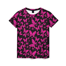 Женская футболка 3D с принтом Розовые бабочки в Кировске, 100% полиэфир ( синтетическое хлопкоподобное полотно) | прямой крой, круглый вырез горловины, длина до линии бедер | butterflies | pink | бабочки | красота | крылья | нежность | орнамент | розовый | узор