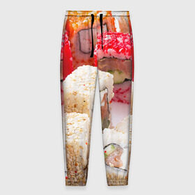 Мужские брюки 3D с принтом Роллы в Кировске, 100% полиэстер | манжеты по низу, эластичный пояс регулируется шнурком, по бокам два кармана без застежек, внутренняя часть кармана из мелкой сетки | Тематика изображения на принте: еда | роллы | суши